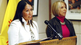 FILE - Lynn Trujillo, of Sandia Pueblo, left, speaks at a news conference in Santa Fe, N.M., on Jan. 22, 2019. Trujillo, a Native American attorney who oversaw New Mexico's Indian Affairs Department, has been tapped to serve as a top legal advisor to U.S. Interior Department Secretary Deb Haaland. The Interior Department announced the appointment of Trujillo as senior counsel to the secretary Friday, Feb. 10, 2023. Trujillo worked as a state Cabinet secretary for nearly four years under Democratic New Mexico Gov. Michelle Lujan Grisham as a crucial liaison with Native American communities during the upheaval of the COVID-19 pandemic. (AP Photo/Morgan Lee, File)