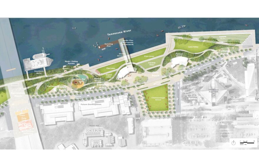 A draft rendering of a design for Chattanooga’s Riverfront Parks.