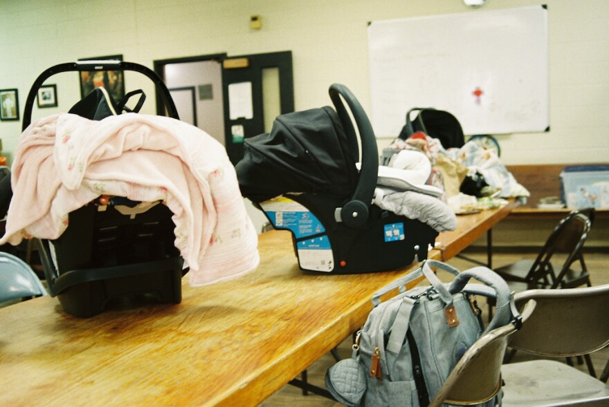 Baby carriers in the fellowship hall.