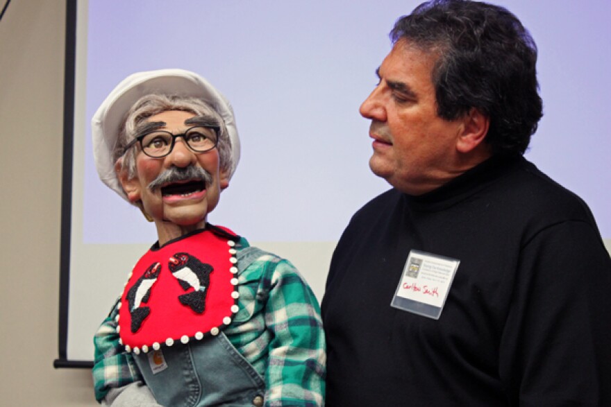 Charlie is Carlton Smith’s second puppet. Smith first started doing ventriloquism 50 years ago as a ten year old boy. Photo by Lisa Phu, KTOO - Juneau.