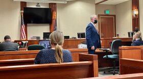 Former Idaho Rep. Aaron von Ehlinger’s attorney, Jon Cox, stands next to von Ehlinger at his preliminary hearing at the Ada County Courthouse on Friday, Oct. 29, 2021. (Kelcie Moseley-Morris/Idaho Capital Sun)