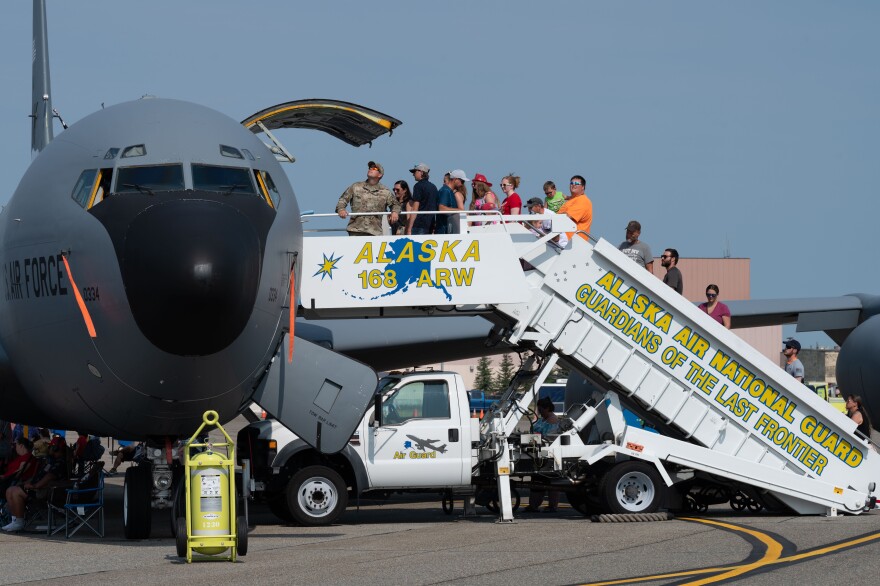 Members of the public tour a U.S. Air Force KC-135 Stratotanker at the 2023 Arctic Lightning Air Show on Eielson.