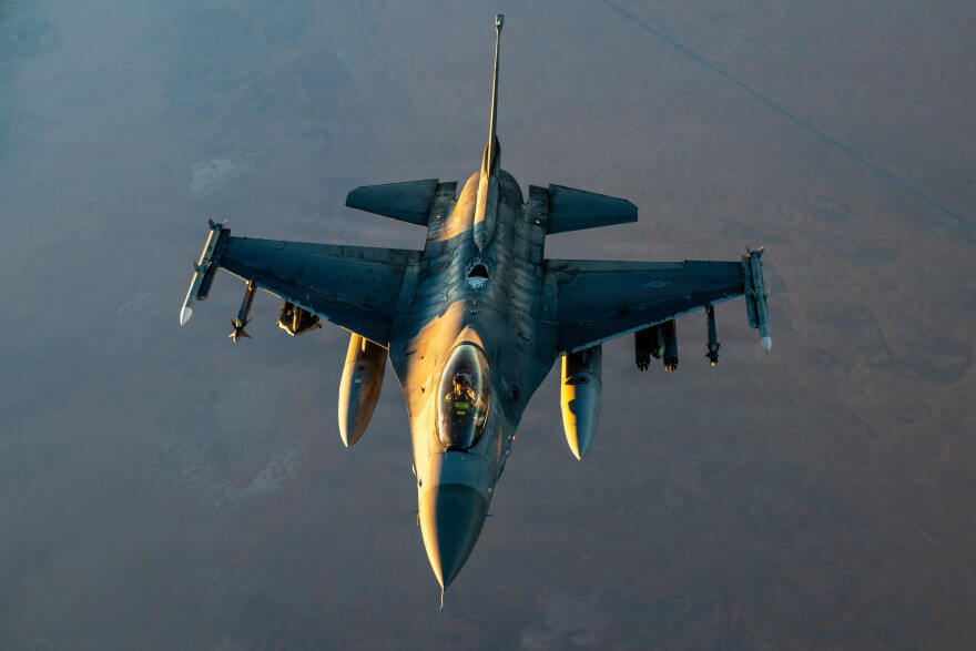 A U.S. Air Force F-16 Fighting Falcon aircraft flies in the U.S. Central Command area of responsibility in this file photo from Sept. 5, 2026. The Texas Military Department said an F-16 crash landed near Interlochen Thursday while conducting routine training exercises. The pilot was able to safely eject from the plane and discharge his parachute. Officials said the pilot is in stable condition and no other injuries have been reported.