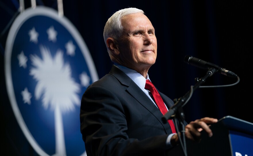 Former Vice President Mike Pence addresses a crowd in Columbia, S.C., at an April event sponsored by the Palmetto Family Council.