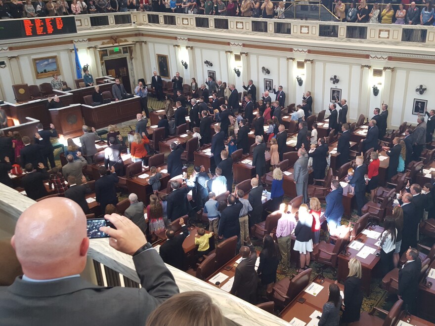 Oklahoma Supreme Court Chief Justice John Reif administers the oath of offices to all 101 members of the Oklahoma House of Representatives at the state Capitol Wednesday.