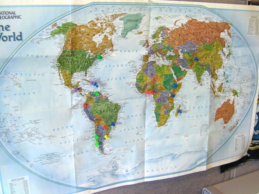 <p>Pins on a map in the Seeding Labs office mark where shipments of lab equipment have been sent. The organization has shipped used supplies to 16 countries so far.</p>