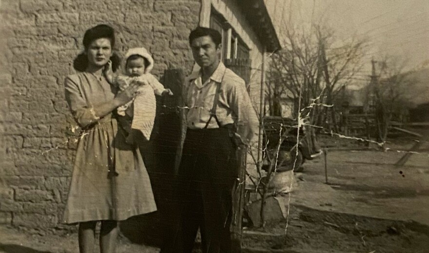 Bernice Gutierrez’s mom, Eugenia, and dad, Bonifacio Zamora, pictured with Bernice in Carrizozo (Photo courtesy of Bernice Gutierrez)
