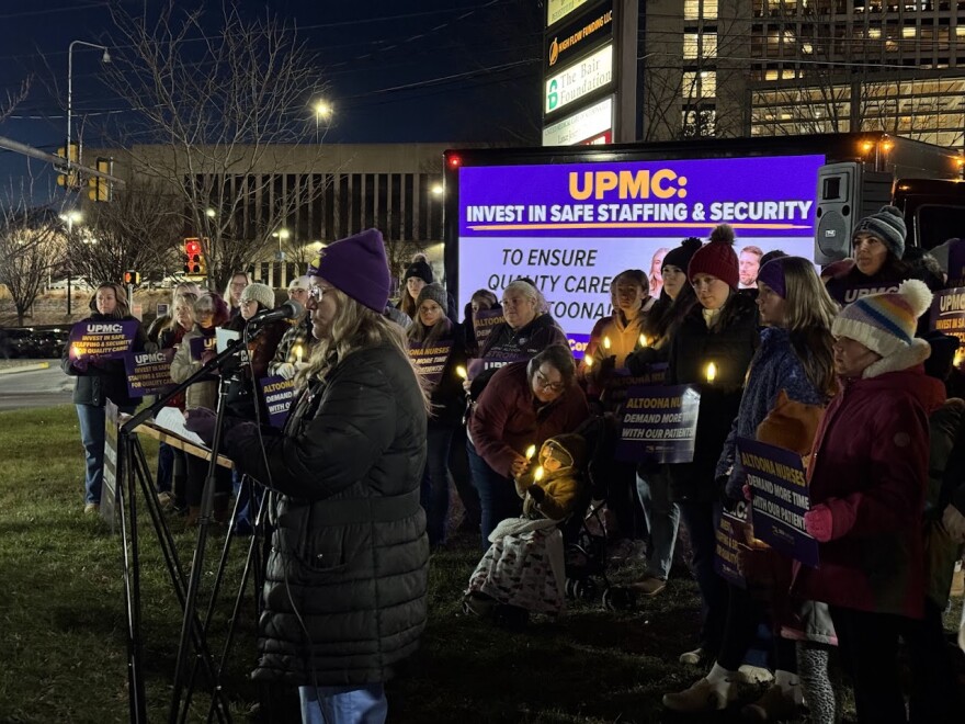 On Dec. 2, 2025, dozens of community members and union nurses at UPMC gathered across from the hospital as part of a "vigil for safety." Nurses have been calling on hospital leadership for improved safety measures, especially after a patient care technician was brutally attacked in the emergency department. 