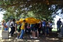 Descendents of John Stacy Murdock, an early Mormon settler, and Chief Tabby-To-Kwanah unveil a memorial to their ancestors at the Heber Cemetery May 2.
