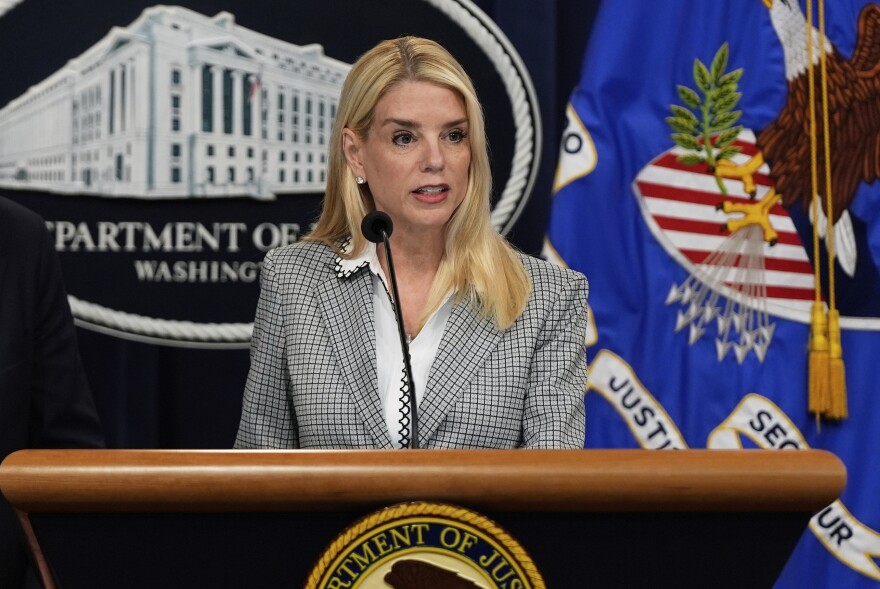 Attorney General Pam Bondi speaks during a news conference at the Justice Department on Friday June 6, 2025, in Washington.