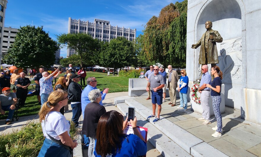 Eric Schubert, president of the Scranton Central Labor Council, speaks during the Labor Day event in front of the John Mitchell statue at Lackawanna County Courthouse Square.