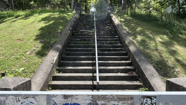 A barrier prevents (most ) people from using the crumbling Westminster Staircase off Euclid Ave.