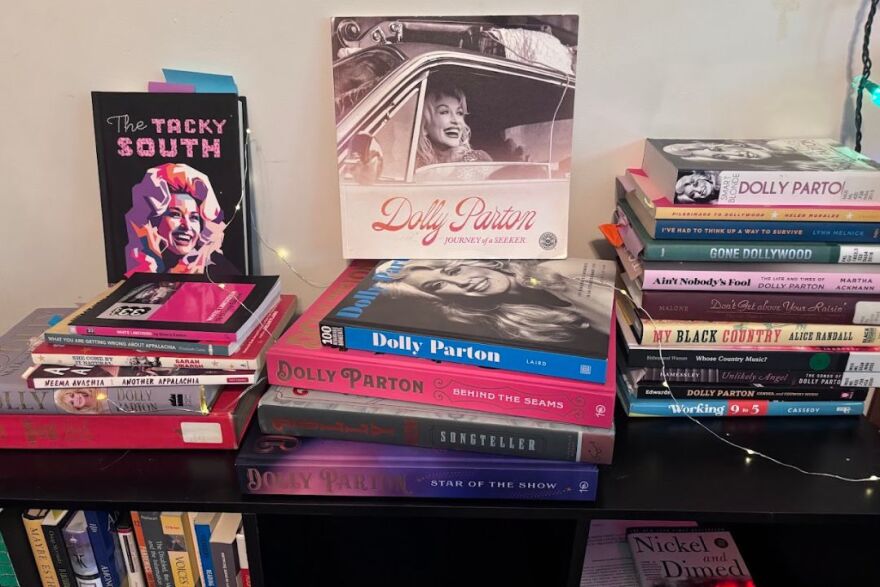 IU professor Sarah Phillip's personal collection of books on Dolly Parton, the south and country music.