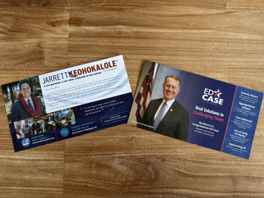 An image of Congressional campaign flyers for U.S. Rep. Ed Case and state Sen. Jarrett Keohokalole displayed.