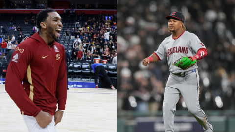 Side-by-side photos: Cleveland Cavaliers guard Donovan Mitchell celebrates as he leaves the court following a win over the Detroit Pistons in Game 7 in a second-round NBA basketball playoffs series Sunday, May 17, 2026, in Detroit. | Cleveland Guardians' Jose Ramirez celebrates after winning Game 4 of baseball's American League Division Series against the Chicago White Sox, Thursday, Oct. 8, 2026, in Chicago.