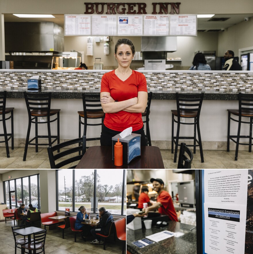 Top: Megan Crawford stands in the dining area of Burger Inn, the fast-food restaurant that her family has operated for 14 years. Burger Inn is offering a special $5 menu for government employees affected by the shutdown.