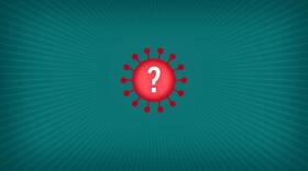 An illustration shows a red cartoon figure of the coronavirus with a white question mark in the middle. It sits on a green background. 