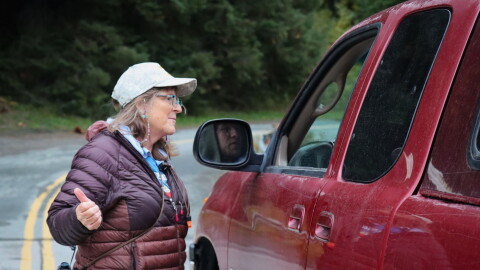 Sue Rakes speaks with a driver as several brown bears approach the bridge over the Chilkoot River.