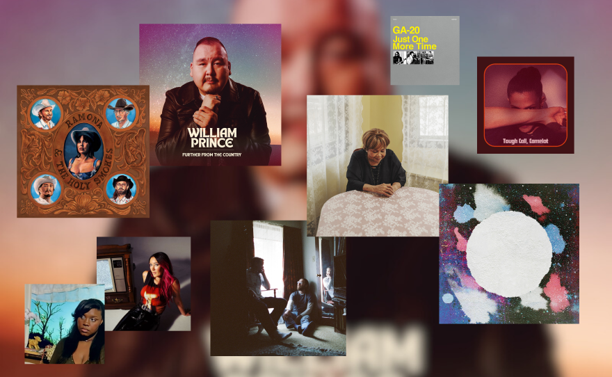 Nine album covers with varying kinds of art from photographs to paintings, laid over a blurred image.