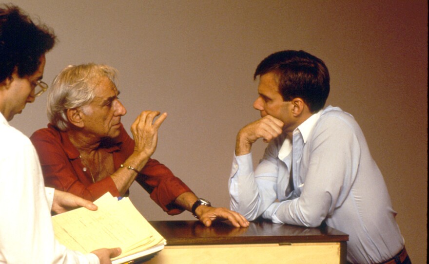 After a chance meeting with Leonard Bernstein (center) in New York, Gockley (right) asked him to compose a work for Houston Grand Opera. In 1983 the company gave the world premiere of Bernstein's <em>A Quiet Place</em>, an acerbic family drama.