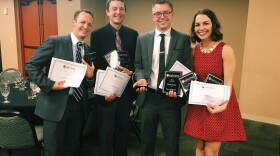 (L-R): Logan Layden of StateImpact Oklahoma, Jacob McCleland, Brian Hardzinski and Kate Carlton Greer from KGOU with their and other staff awards at the Society of Professional Journalists Oklahoma Pro Chapter awards dinner, April 30, 2016.