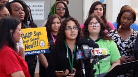 Melanie Nieves, a Miami Jackson Senior High student and member of the youth social justice organzation Power U, speaks at a news conference opposing charter school co-location within public schools outside of Shadowlawn Elementary School Nov. 20, 2025.