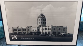An image of the Buffalo Municipal Airport from 1947 was on display in the updated Buffalo Niagara International Airport during a celebration of the facility's 100th anniversary, Friday, Sept. 25, 2026.