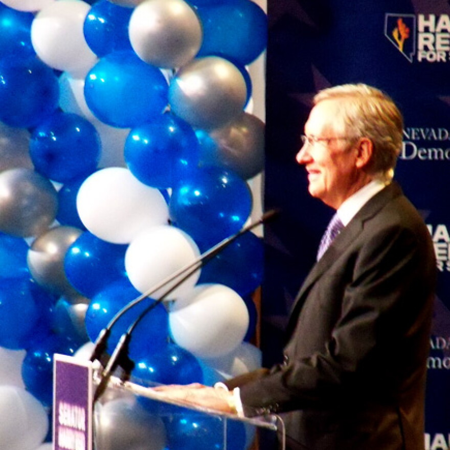 Sen. Harry Reid delivers a victory speech on election night at the Aria resort in Las Vegas.