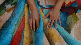 Dried and dyed salmon skins ready to be cut for jewelry.