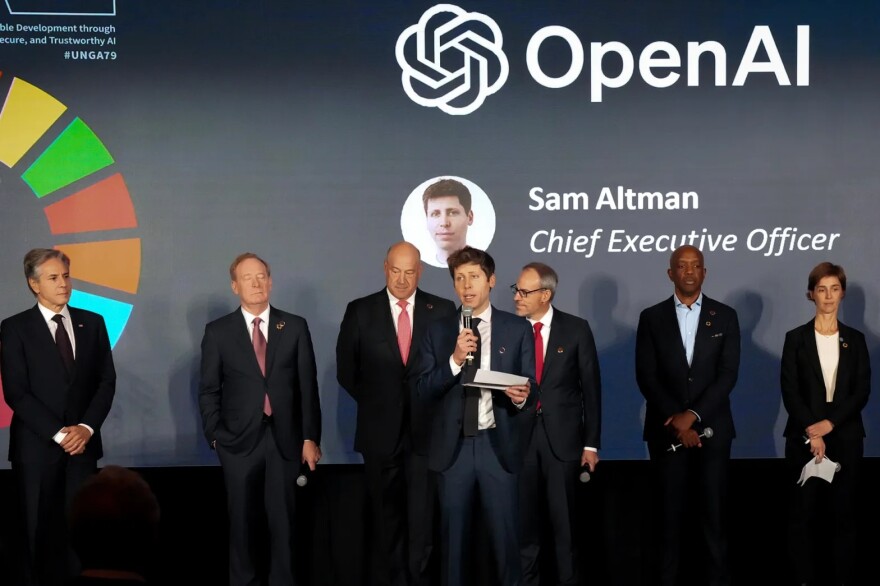 At center, Open AI co-founder and CEO Sam Altman speaks at the Advancing Sustainable Development through Safe, Secure, and Trustworthy AI Event at Grand Central Terminal in New York City on Sept. 23, 2024.