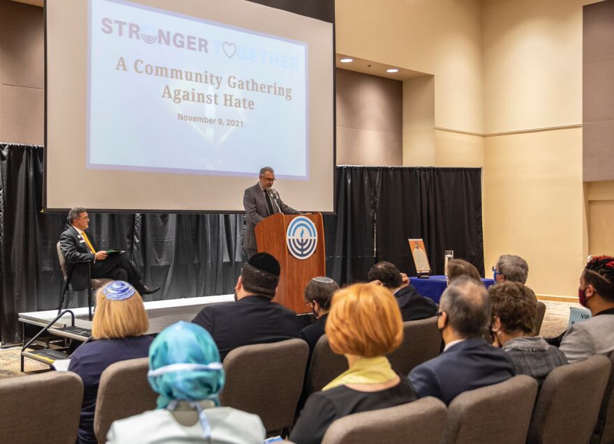 Bexar County District Attorney Joe Gonzales addresses an interfaith gathering at the San Antonio Jewish Community Center on November 10, 2021.