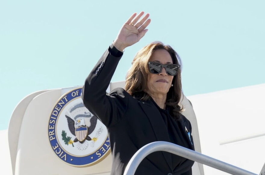 Democratic presidential nominee Vice President Kamala Harris boards Air Force Two at LaGuardia Airport in East Elmhurst, N.Y., Wednesday, Sept. 11, 2024
