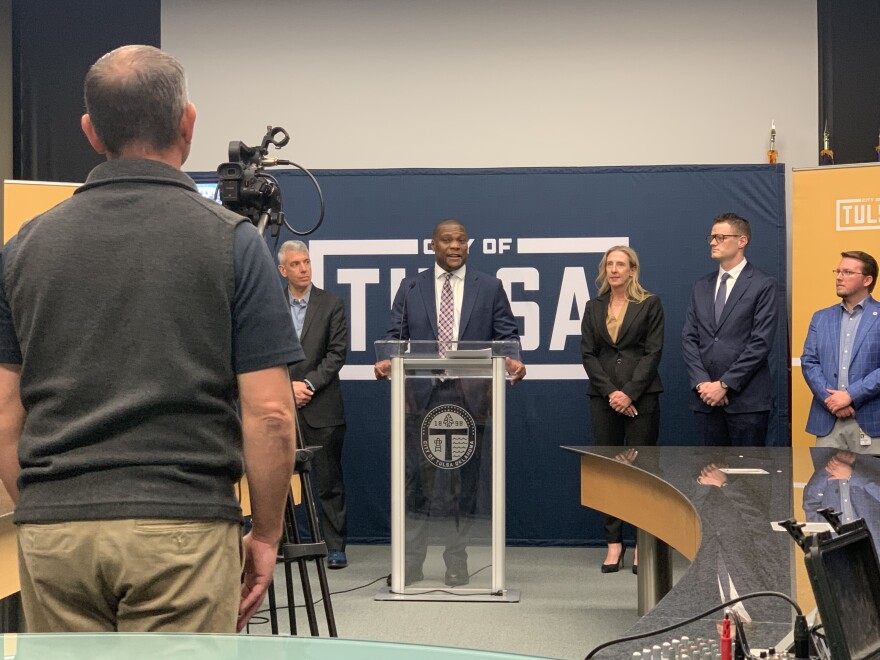 Tulsa Mayor Monroe Nichols speaks to reporters alongside cabinet members Gene Bulmash, from left, Laurel Roberts, Shane Stone and Aron York on Monday, Dec. 2, 2024, at Tulsa City Hall.