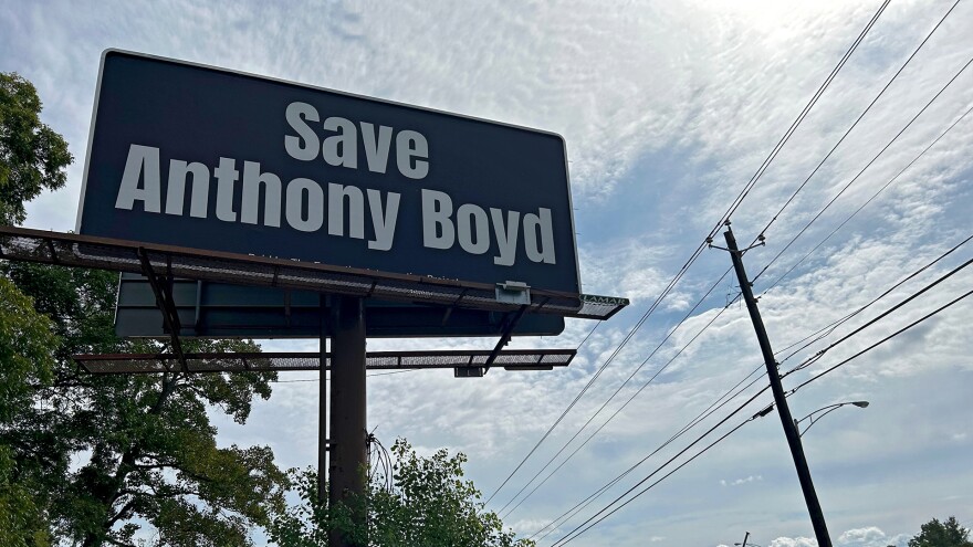 A billboard that says "Save Anthony Boyd" is displayed in Montgomery, Alabama on Friday, Sept. 26, 2025. Boyd, 54, is on Alabama's Death Row and is scheduled to be executed later in October.