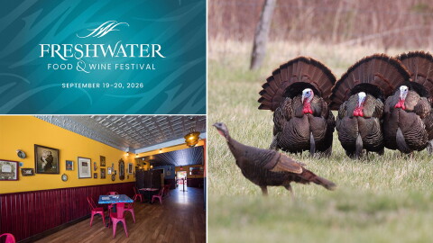 (Clockwise from top left) The Freshwater Food & Wine Festival, wild turkeys in Wisconsin and Café Corazón's Bay View location.