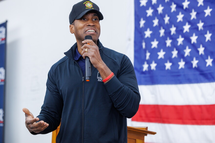 Republican nominee for governor John James speaks to volunteers in Lansing Township, Mich., on Oct. 24, 2026, during a stop on Republican U.S. Senate nominee Mike Rogers' "We Have a State to Save" bus tour.