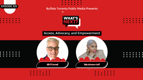 A promo image for Episode 325 of What's Next? featuring headshots of guests Bill O'Connell and Talia Johnson-Huff 