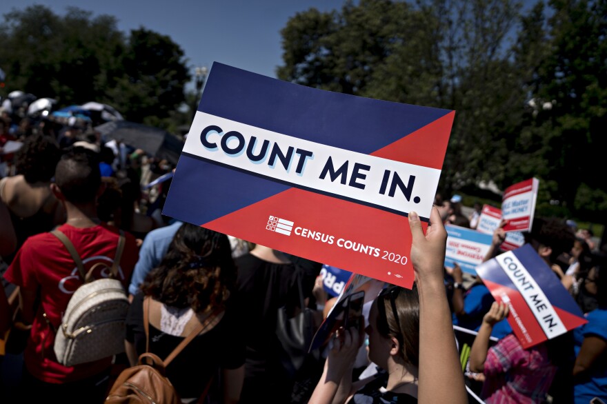 A demonstrator holds a sign that reads "Count Me In" outside the U.S. Supreme Court in 2019. Sen. Brian Schatz, D-Hawaii, has introduced companion legislation to a House bill that could help prevent political interference with future head counts.