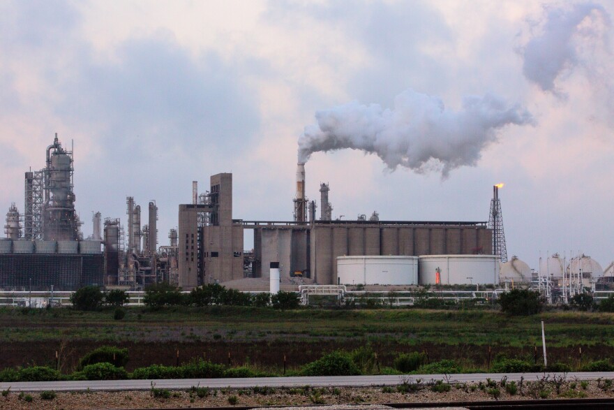 Steam billows from Valero’s West Refinery outside Corpus Christi on April 29, 2026. Cooling towers at industrial facilities can evaporate more than 1,000 gallons of water per minute.
