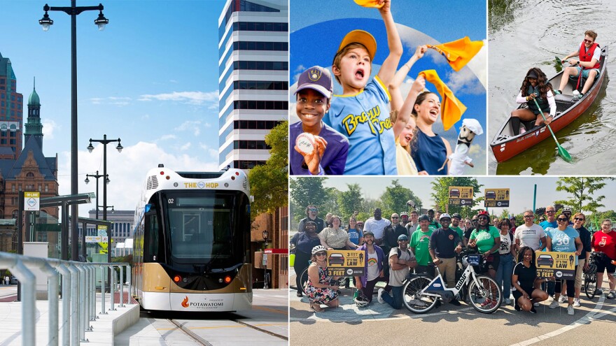 (Clockwise from left) Hop Summer Nights, Kids Cheer Free with the Brewers, canoeing at Urban Ecology Center and Mayor Cavalier Johnson's annual back to school bike ride.