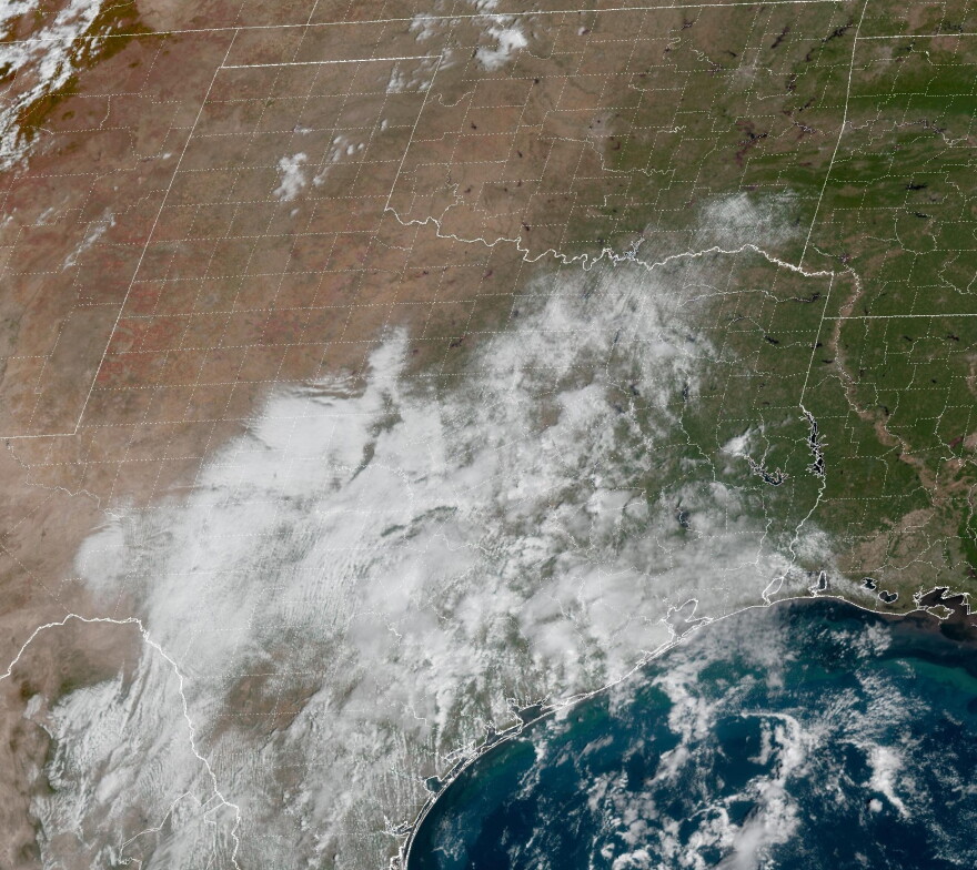 A jumble of clouds floats over lower Texas on Oct. 12, 2026