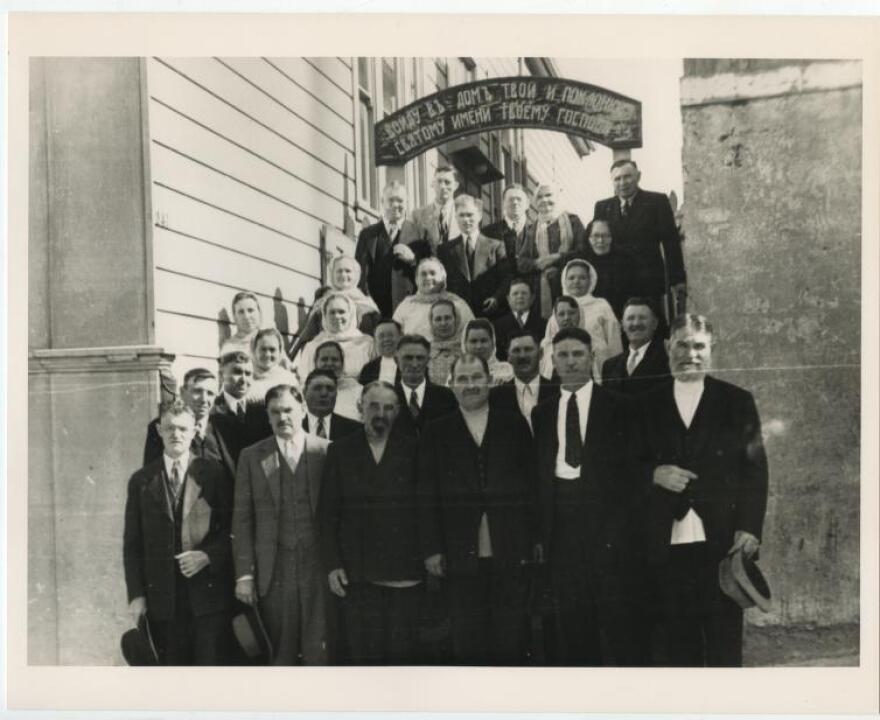 Adult congregation outside the First Russian Christian Molokan Church on Potrero Hill in San Francisco, 1938