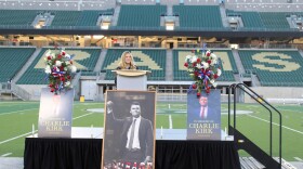 Isabel Brown, a Colorado State University graduate who went on to work with Charlie Kirk, spoke during his vigil at CSU's Canvas Stadium in Fort Collins on Thursday, Sept. 18, 2025.