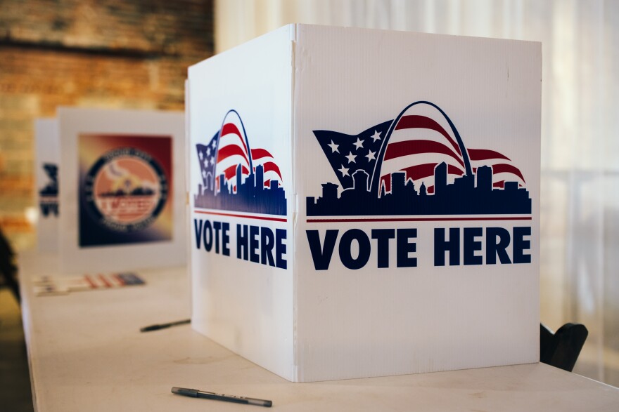 Tables are set out for voters to cast their municipal ballots at Wild Carrot on Tuesday, April 7, 2026, in St. Louis’ Shaw neighborhood.