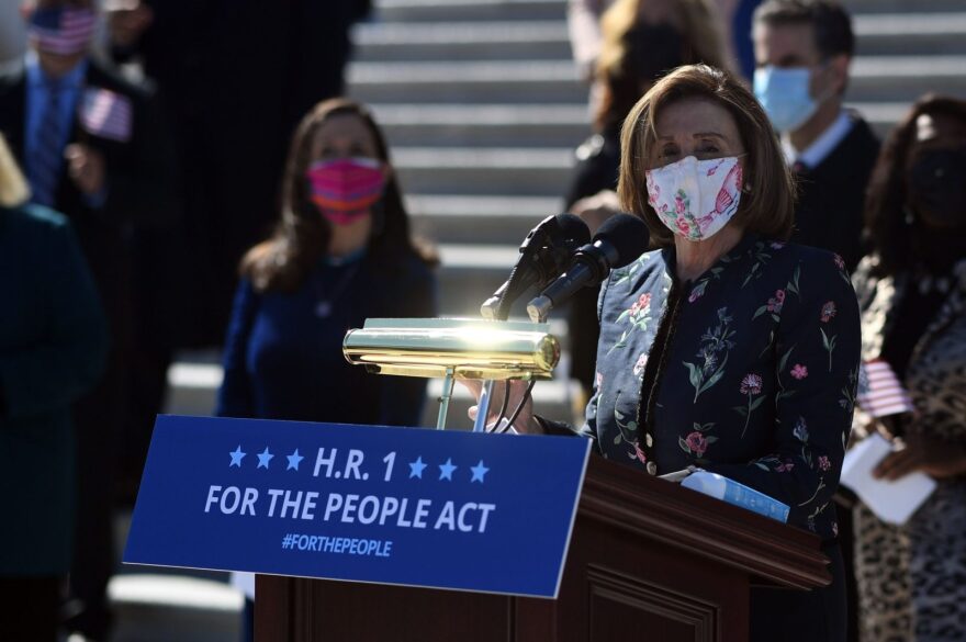 Speaker of the House Nancy Pelosi, Democrat of California, speaks at an event on the steps of the US Capitol  for the "For The People Act of 2021" in Washington, DC.