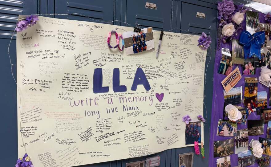 A picture of a locker memorial dedicated to Alana Vanmeter at Genona-Kingston High School.