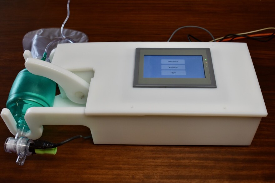 A photo of a COVID-19 ventilator prototype being developed by a Columbus furniture maker. [Tarik Yousef]