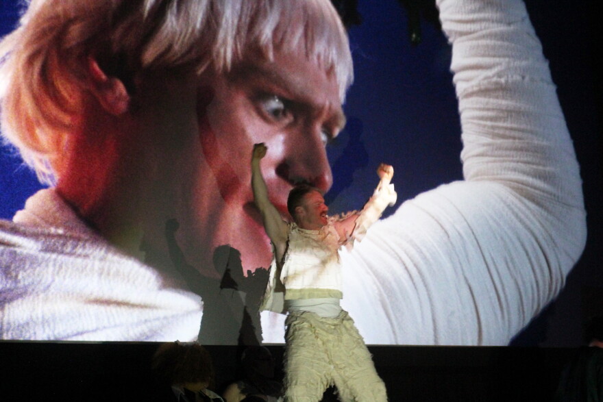 Bill Baker plays Rocky during a shadow cast performance of "The Rocky Horror Picture Show" on Thursday, Oct. 29, 2026 near Soldotna, Alaska.