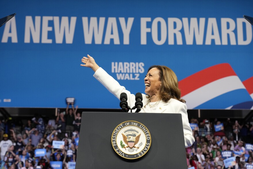 Democratic presidential nominee Vice President Kamala Harris speaks at a campaign rally in Savannah, Ga., Thursday, Aug. 29, 2024.