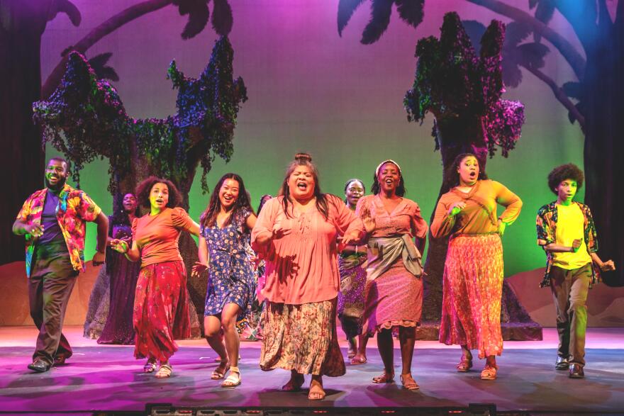 Cheryl Campo (center, front) and the company of Cockpit in Court’s production of “Once On This Island,” on the campus of Community College of Baltimore County in Essex. (photo by THsquared Photography)